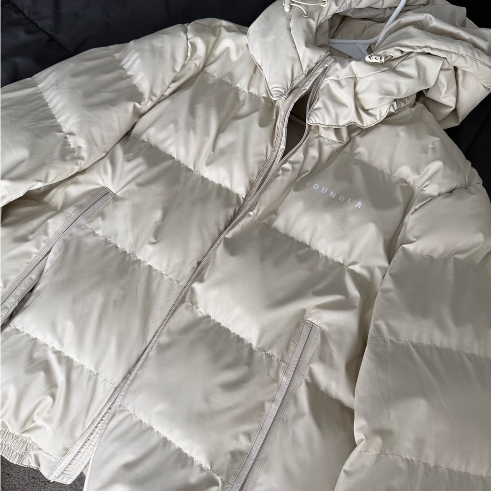 YOUNGLA Men’s Cream Puffer Jacket with Hood